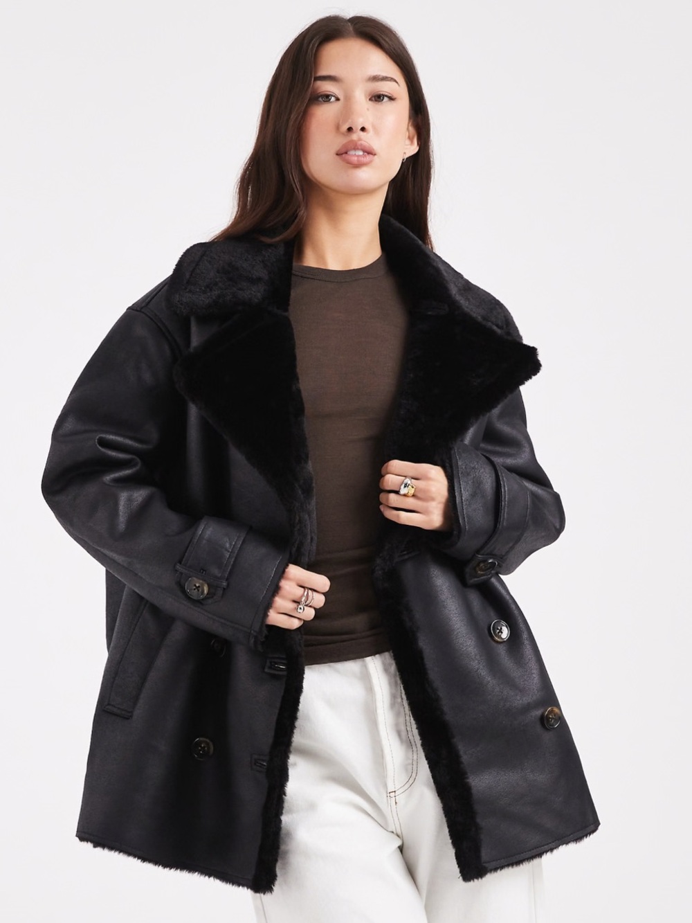 ASOS Design Oversized Bonded Borg Flight Jacket in Black, Size M